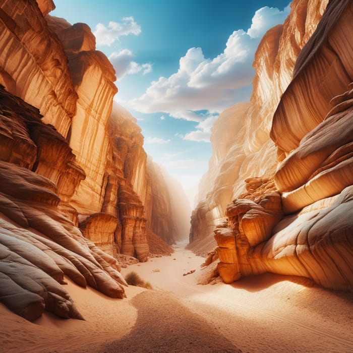 Sand Colored Desert Wadi Ravine under Blue Sky Sand Colored Desert Wadi Ravine under Blue Sky