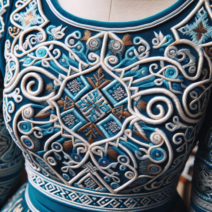 Intricate Kazakh Ornament Embroidery on Blue Dress