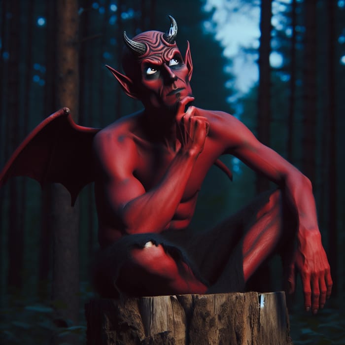 Devil Sitting on Tree Stump Contemplating Night Sky