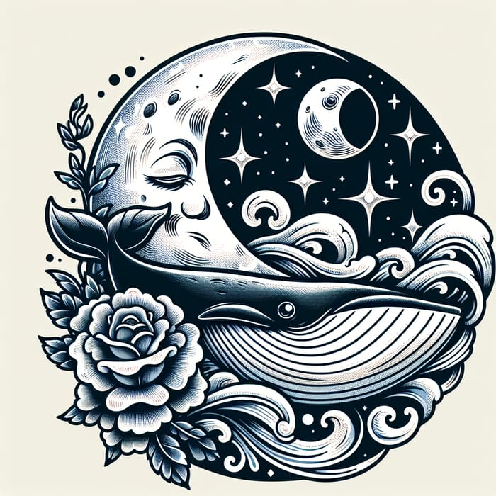 Crescent Moon and Whale Tattoo Sketch for Unique Body Art