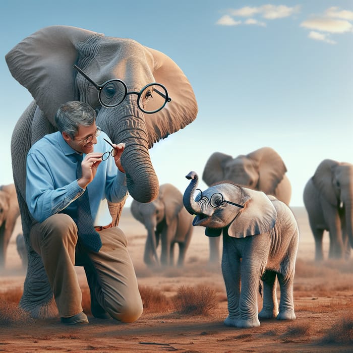 Elephant Wearing Glasses Teaching Small Ones While Herd Walks in Desert