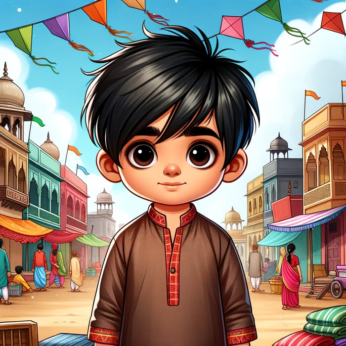 Indian Boy Cartoon | Vibrant Town Scene Illustration