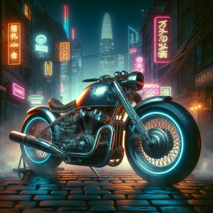 Vintage Cyberpunk Motorcycle in Nighttime Cityscape