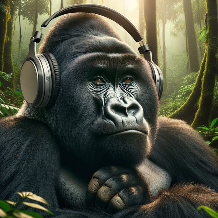 Gorilla Listening to Music with Headphones in Natural Setting