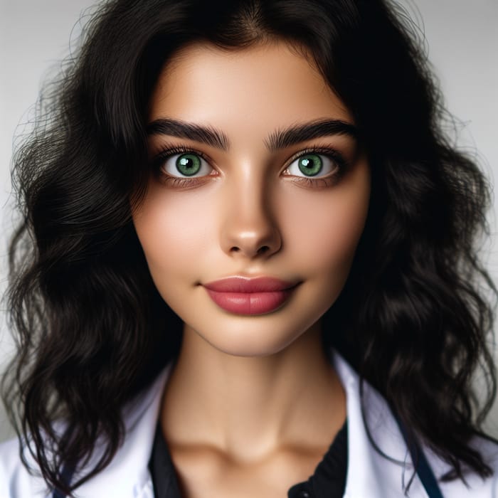 24-Year-Old Woman with Wavy Black Hair & Green Eyes in Lab Coat