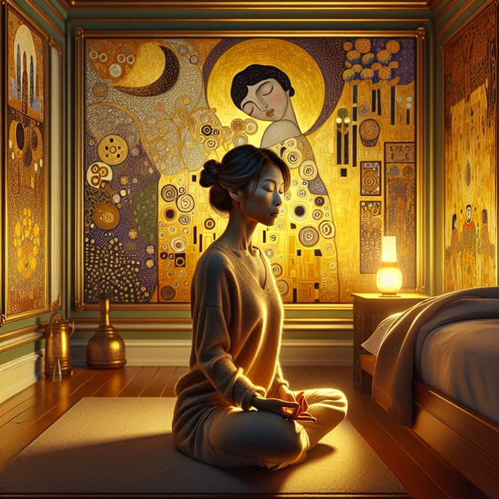 Serene Woman Meditating in Artistic Bedroom