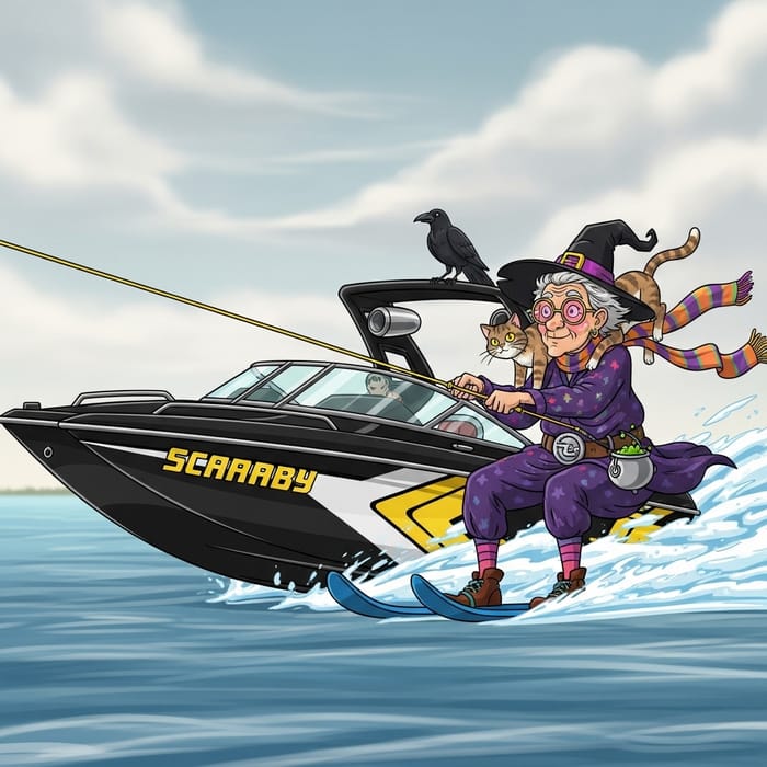 Whimsical Witch on Speedboat Adventure Whimsical Witch on Speedboat Adventure
