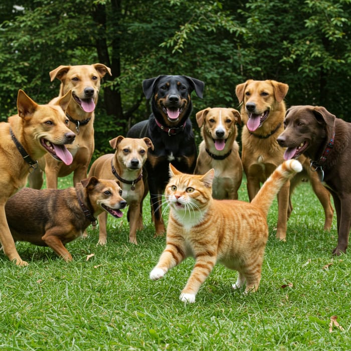 Brave Orange Cat Plays in Dog-Filled Park