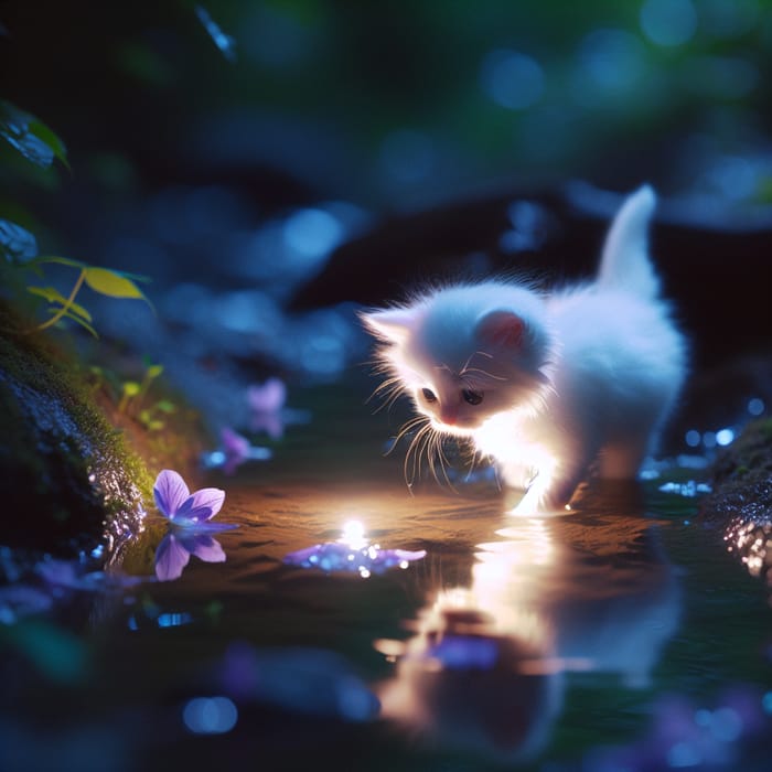 White Kitten Strolling in Shallow Creek at Night, Ethereal Beauty White Kitten Strolling in Shallow Creek at Night, Ethereal Beauty