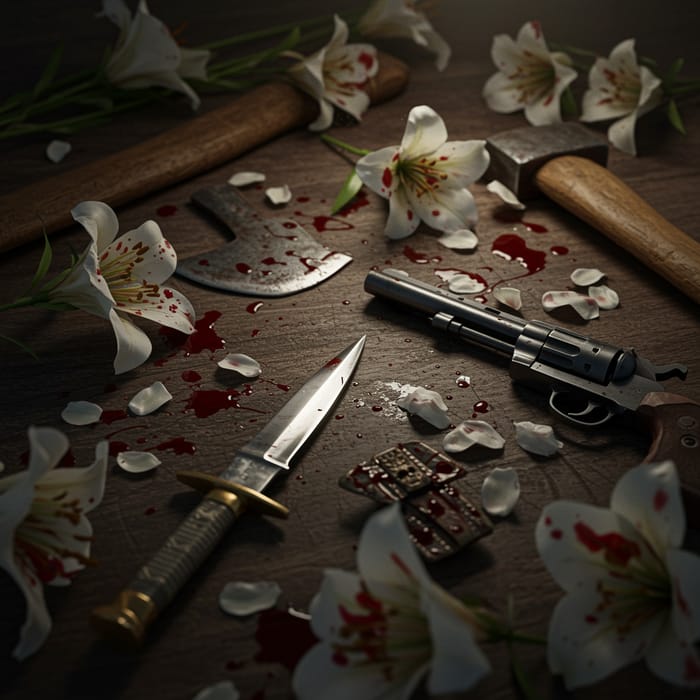 White Flowers with Bloodstains and Weapons