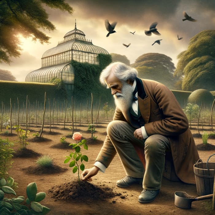 Charles Darwin Planting Rose in Historic English Garden Charles Darwin Planting Rose in Historic English Garden