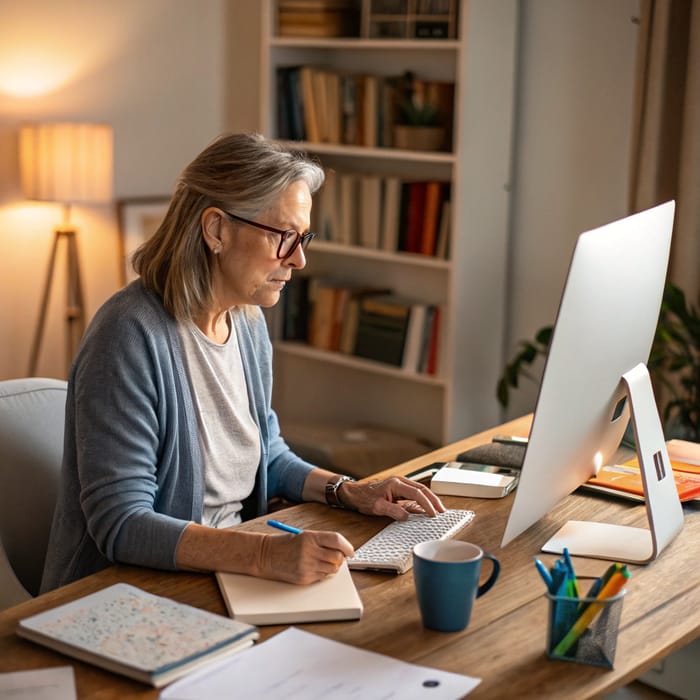 Focused European Woman in a Cozy Office Setting