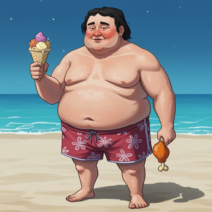 Chubby Asian Guy in Swim Trunks Enjoying Ice Cream & Chicken Chubby Asian Guy in Swim Trunks Enjoying Ice Cream & Chicken
