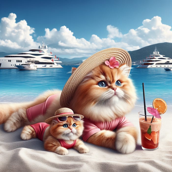 Beautiful Red Cat and Kitten Relaxing on Beach with a View