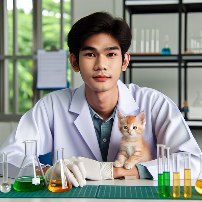 Young Scientist Conducts Experiment with Beakers in Laboratory