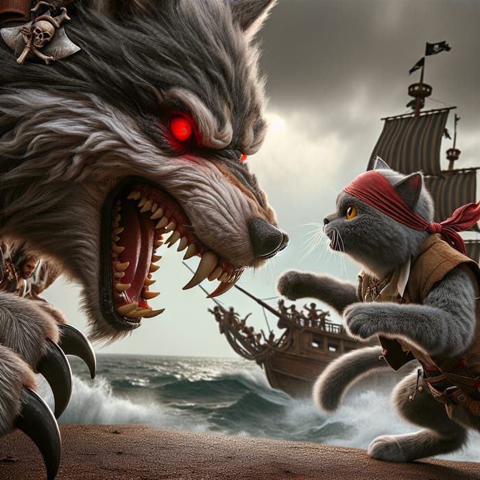 Fierce Pirate Showdown: Wolf vs Cat in Hyper-Realistic Combat