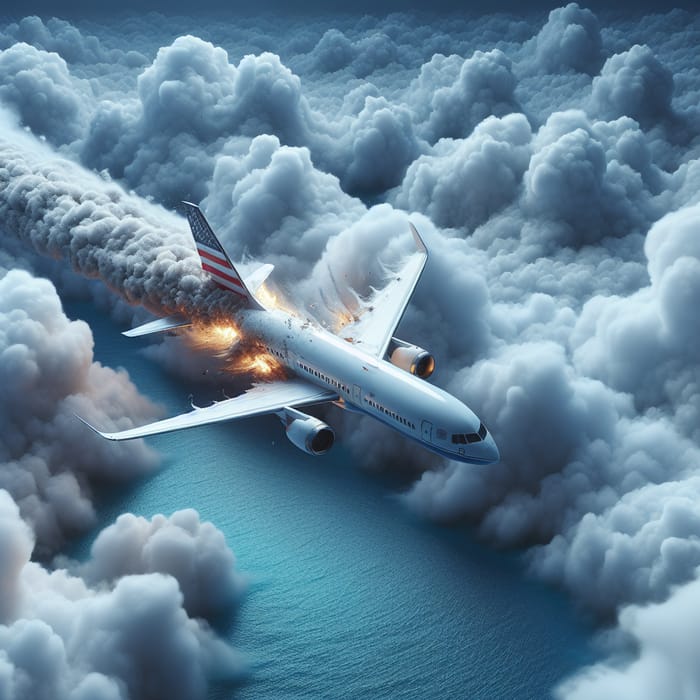 White Airplane Crash in American Flag Sky - Hyperrealistic Photorealism