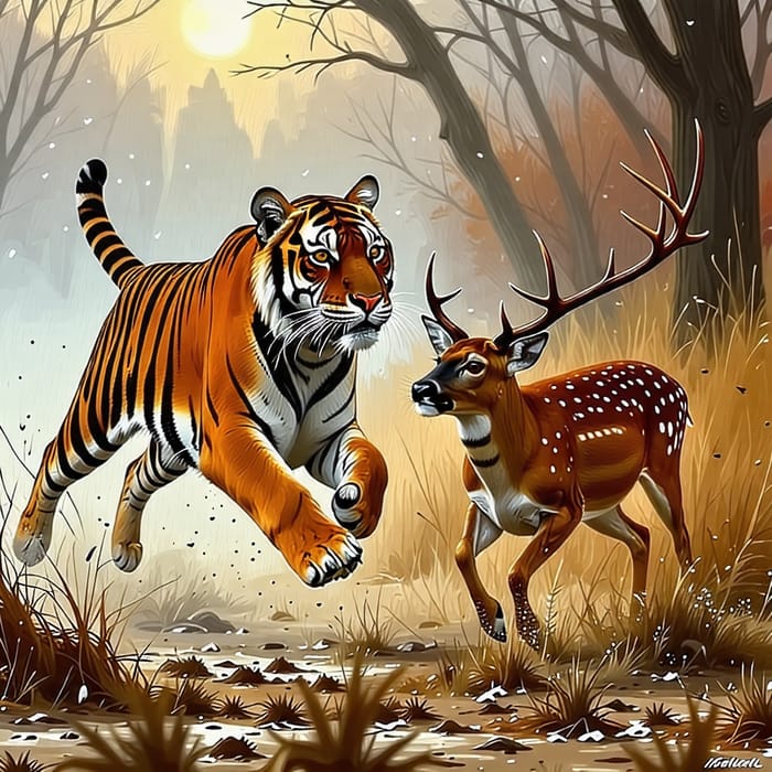 Tiger Chasing Prey: A Wild Jungle Encounter