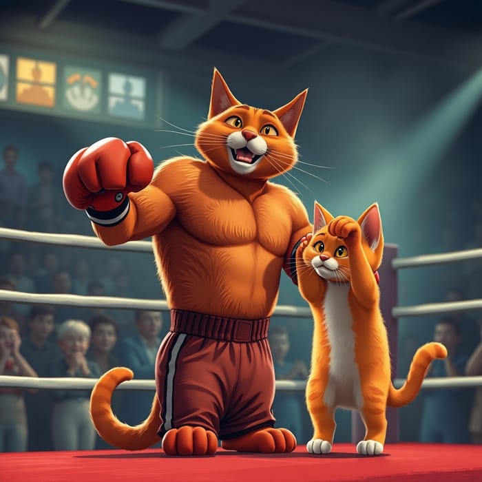 Playful Boxing Cat and Kitten Outside the Ring