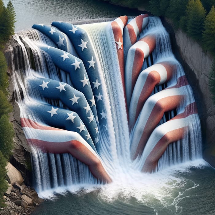 God's Hands Through Waterfall: American Flag Reflection