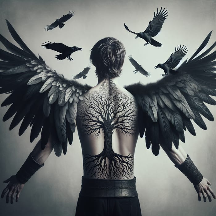 Man Embracing Yggdrasil Under Raven Wings
