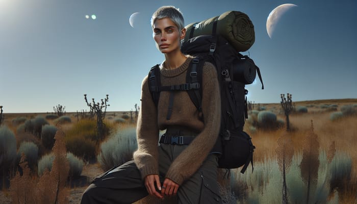 Serene Eco-Friendly Hiker in Unique Alien Landscape