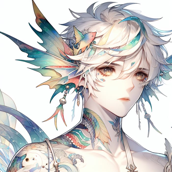 Anime Boy with Vibrant White Hair and Fish Fin-Shaped Ears | Angel Fish-Inspired Design