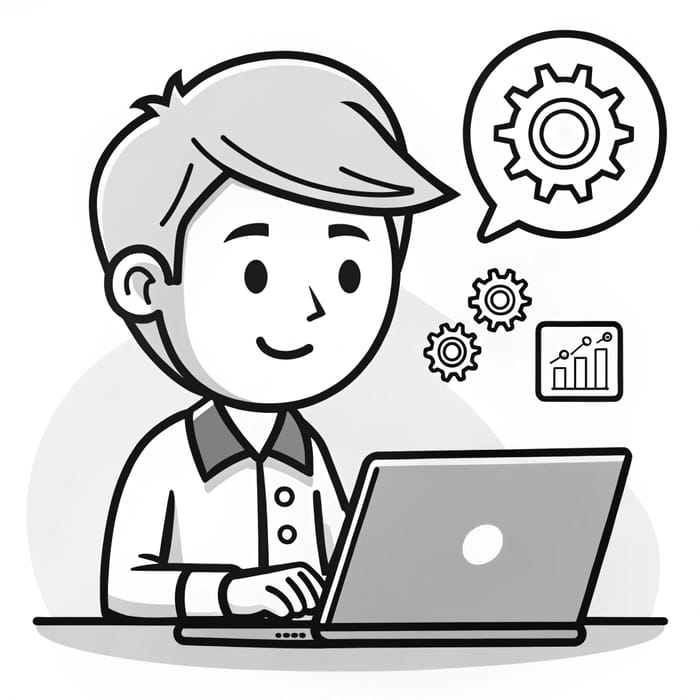 Black and White Cartoon Character Using ERP Laptop