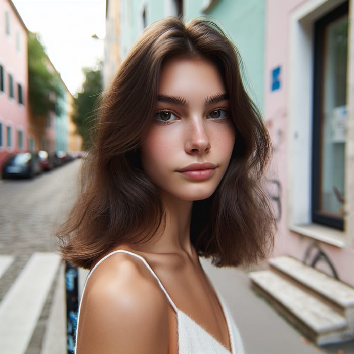 Natural Beauty: Dark Blond Woman in Street Style Photo, Canon EOS R6 Mark II