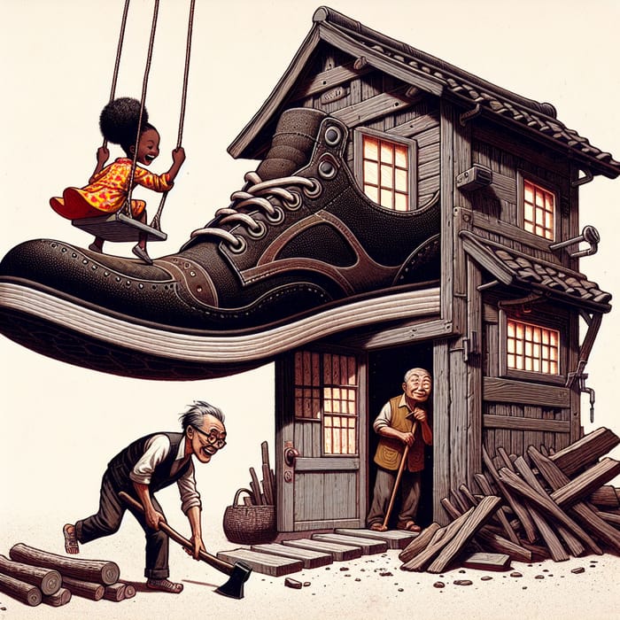 Girl Swinging on Shoe-shaped Space House as Grandfather Chops Wood