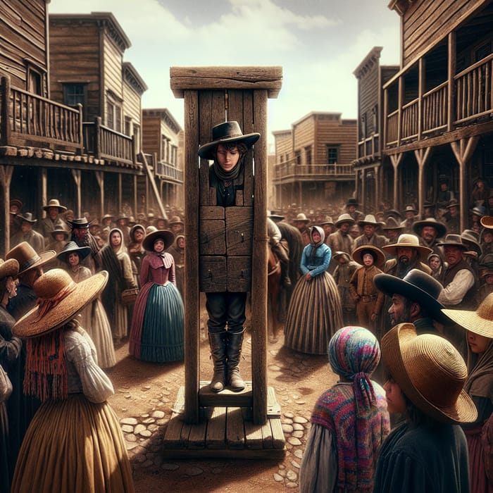 Young Cowboy in Pillory - Wild Western Scene with Diverse Spectators