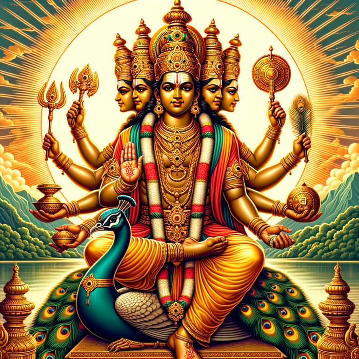 Lord Murugan: Divine Hindu Figure in Traditional Attire with Peacock and Vel Weapon