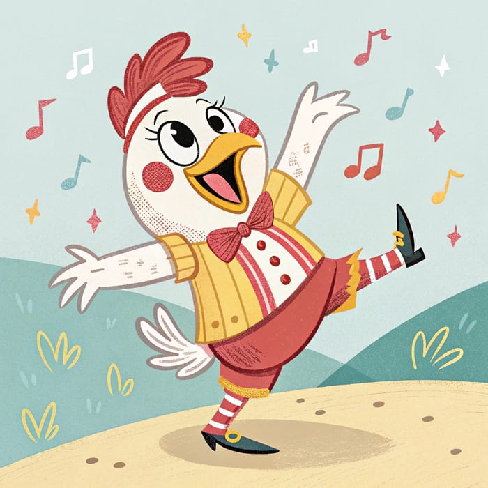 1950s Cartoon Chicken Mascot Dancing Smiling