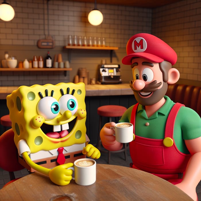 Bob Esponja and Mario Bros Enjoying Coffee | Animated Fun at the Cafe