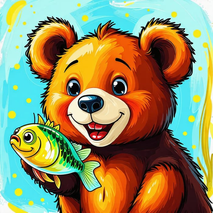 Bright and Happy Cartoon Bear with Minnow