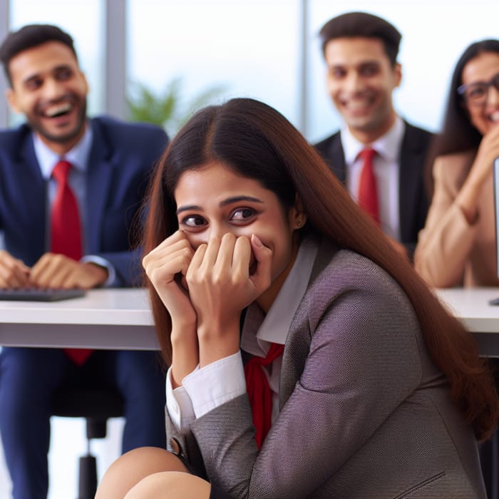 Embarrassed Woman Hiding Under Office Table - Compliment Reaction