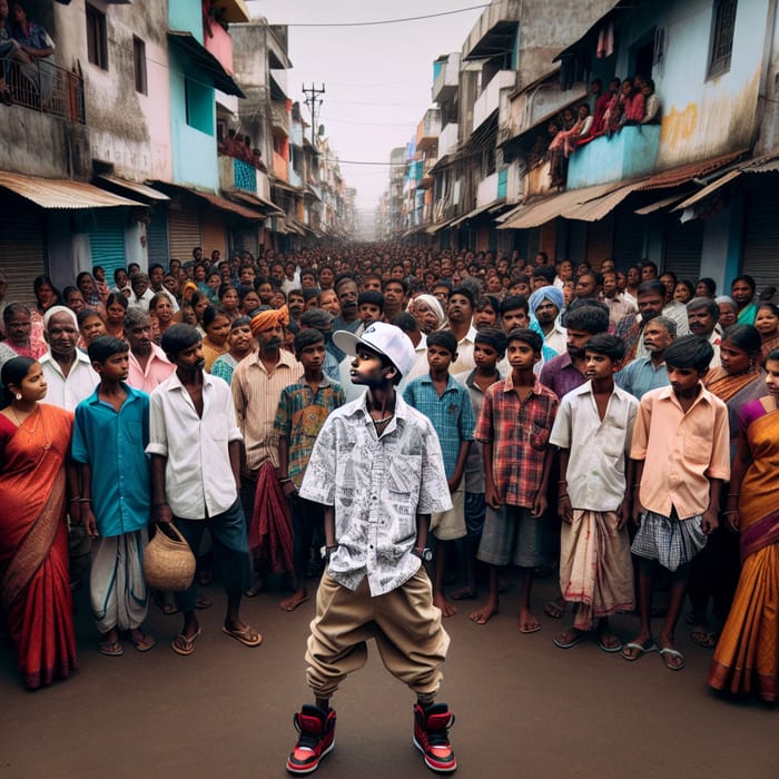 Contrasting Styles: Hip-Hop South Indian Boy in Diverse Crowd