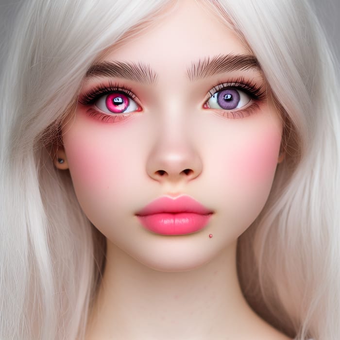 Pale Caucasian Girl with White Hair and Mismatched Eyes - Unique Beauty