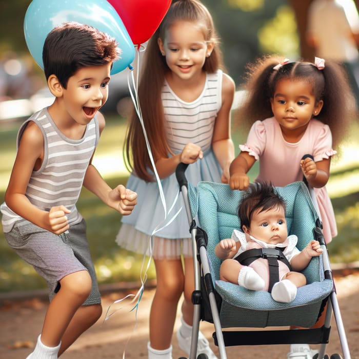 Siblings Play in Park with Balloons - Joyful Outdoor Activity