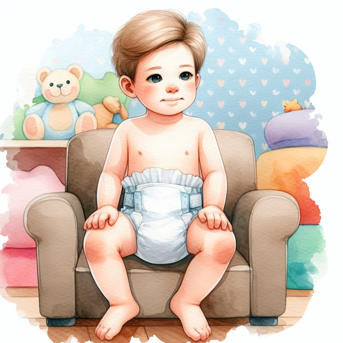 Adorable Watercolor Toddler in a Big Diaper