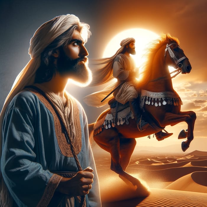 Brave Man on Horseback: Radiant Face in Desert Setting