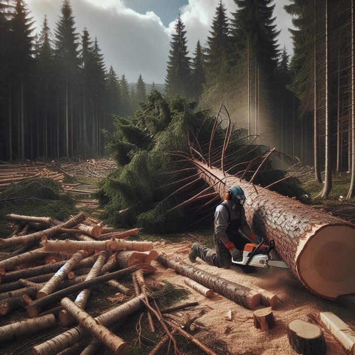 Preparing Large Forest Tree for Wood Board Production; Worker Trimming Branches