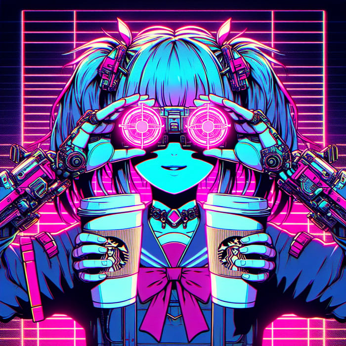 Playful Cyberpunk Anime Girl with Coffee Cups