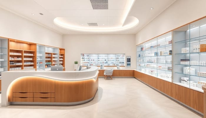 Modern L-Shaped Pharmacy Interior Design Ideas