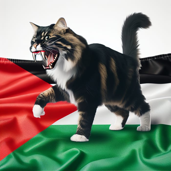 Playful Cat with Large Tooth and Flag in Palestinian Colors