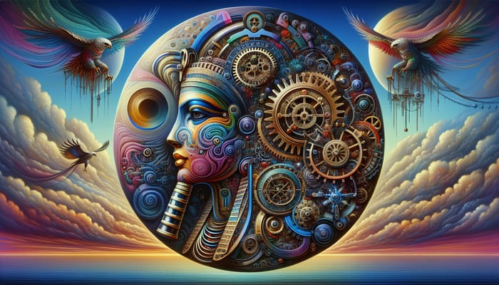 Intricately Detailed Clockwork Canvas Painting with Cyber Features