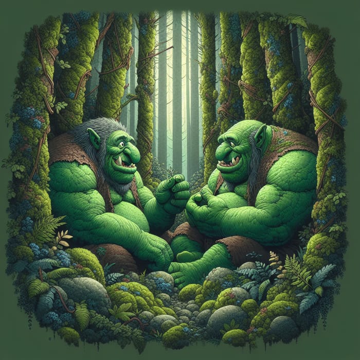 Ogres Talking in Mossy Forest - Shrek Style Illustration