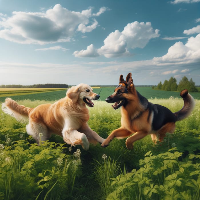 Golden Retriever and German Shepherd Playing in a Green Field