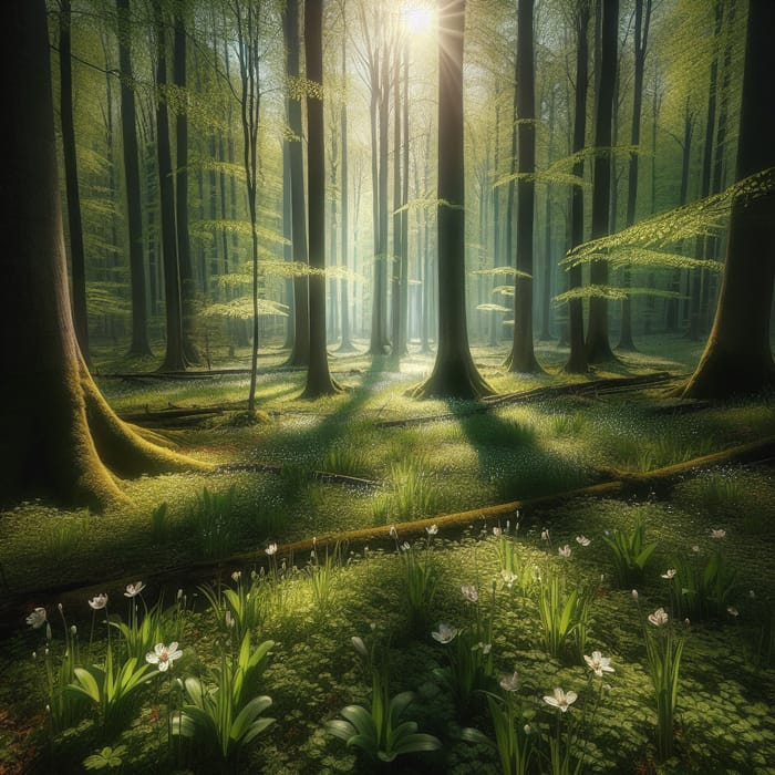 Tranquil Spring Forest in Ukraine: Serene Sunlit Scene with Delicate Flowers