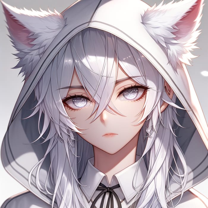 Anime-Style Boy with Long White Hair and Silver Eyes in Wolf Hood